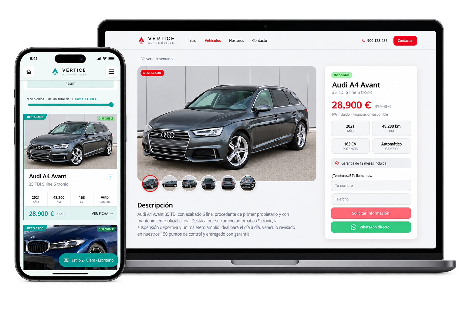 Mockup responsive de una web de concesionario en un portátil y un móvil